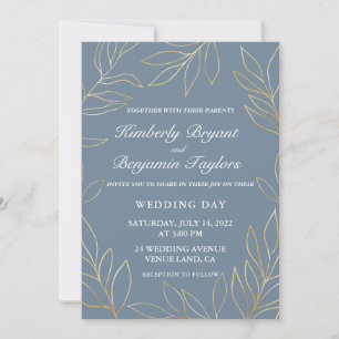 Elegant Gold Foliage on dusty Blue Luxury Wedding Invitation