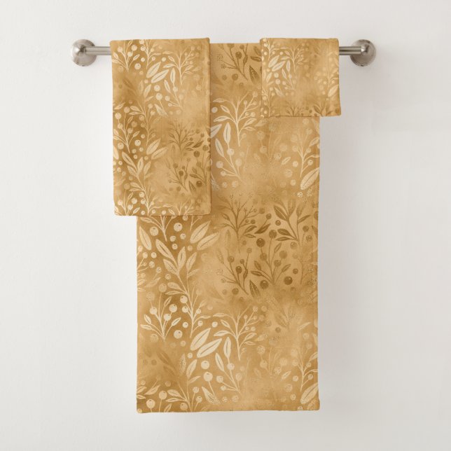 Elegant Gold Foliage Pattern Design Bath Towel Set (Insitu)