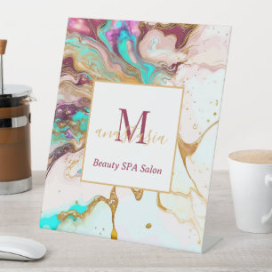 Elegant Gold Fox Marble Monogram Beauty Salon Pedestal Sign