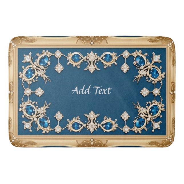 Elegant Gold Frame Adorned With Blue Gemstones Bath Mat (Front)