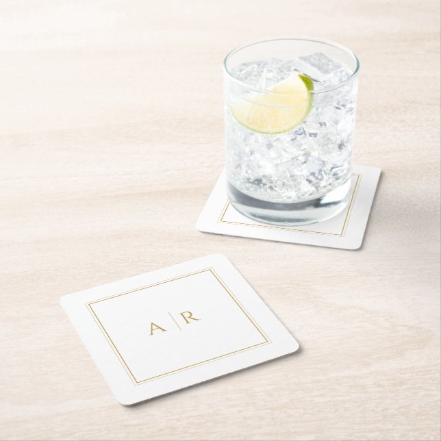Elegant Gold Frame and Initials Wedding Favour Square Paper Coaster (Insitu)