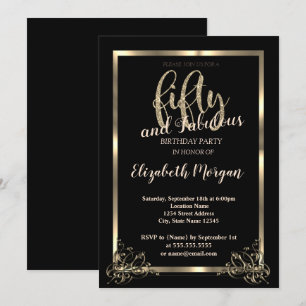 Elegant Gold Frame, Black 50th Birthday Party Invitation