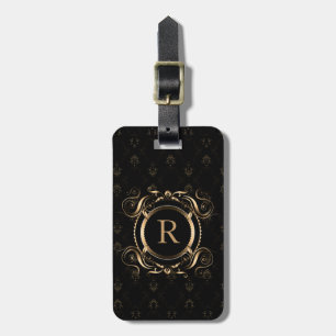 Elegant Gold Frame Black Damasks Luggage Tag