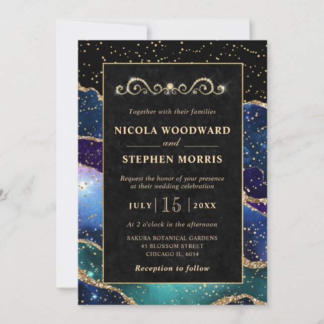 Elegant Gold Frame Blue Galaxy Agate Wedding Invitation (Front)