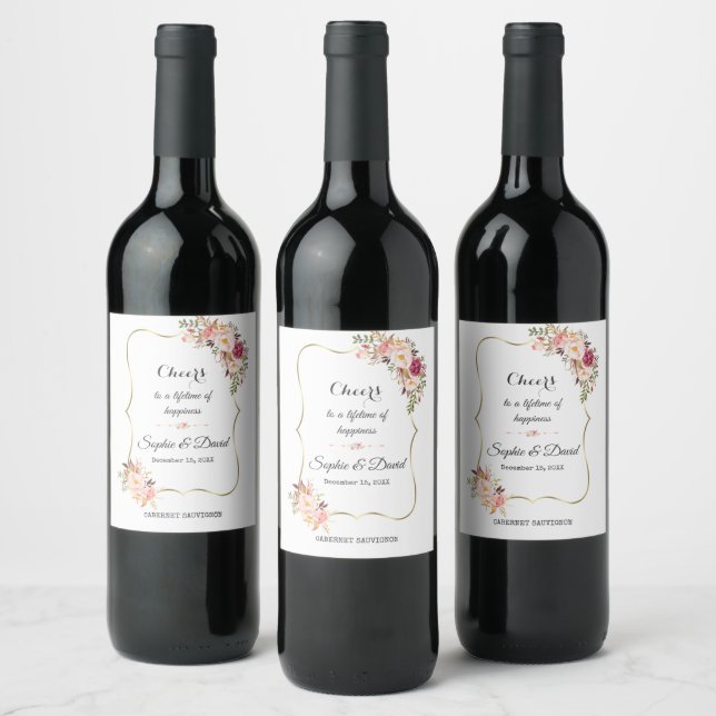 Elegant Gold Frame Blush Pink Flowers Wedding Wine Label (Bottles)
