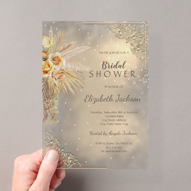Elegant Gold Frame Boho Flowers Bridal Shower Acrylic Invitations (Insitu (Handheld))