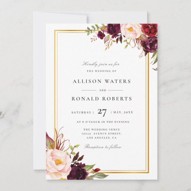 Elegant gold frame burgundy floral wedding invitation (Front)