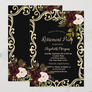 Elegant Gold Frame Burgundy Roses Black Retirement Invitation