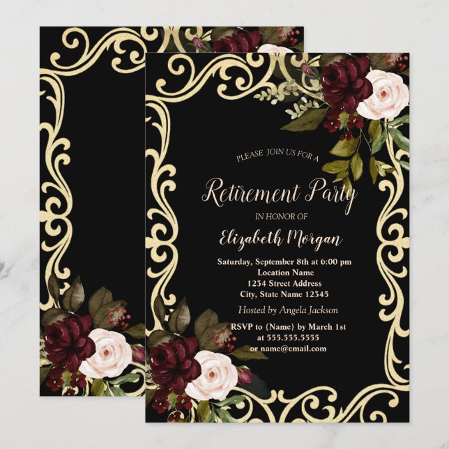 Elegant Gold Frame Burgundy Roses Black Retirement Invitation (Front/Back)