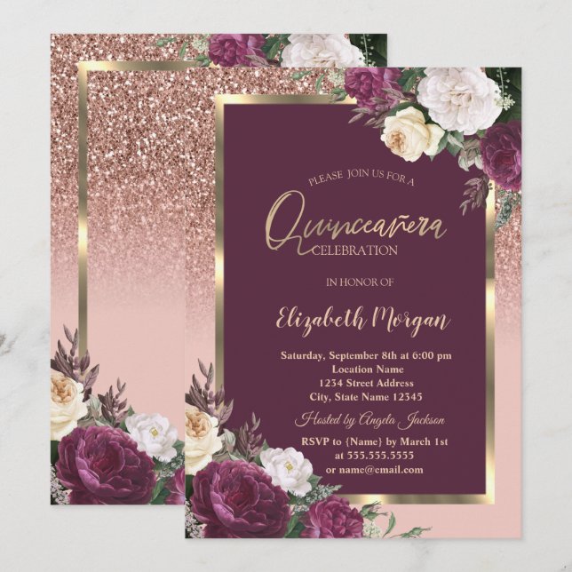 Elegant  Gold Frame Burgundy Roses Quinceañera Invitation (Front/Back)