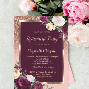 Elegant Gold Frame Burgundy Roses Retirement Invitation