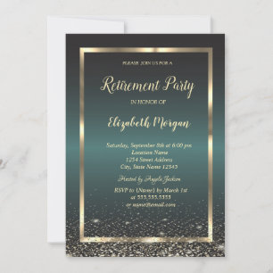 Elegant Gold Frame Confetti Dark Green Retirement Invitation