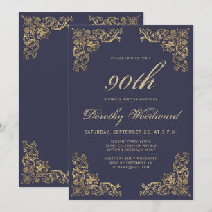Elegant Gold Frame Dark Navy Blue Birthday Party Invitation