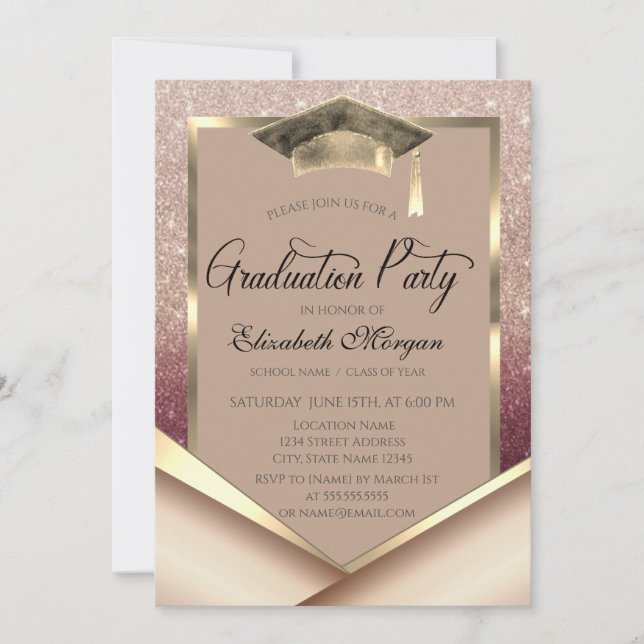 Elegant Gold Frame Diamonds Glitter Graduation Invitation (Front)