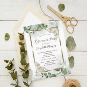 Elegant Gold Frame,Eucalyptus Greenery Retirement  Invitation