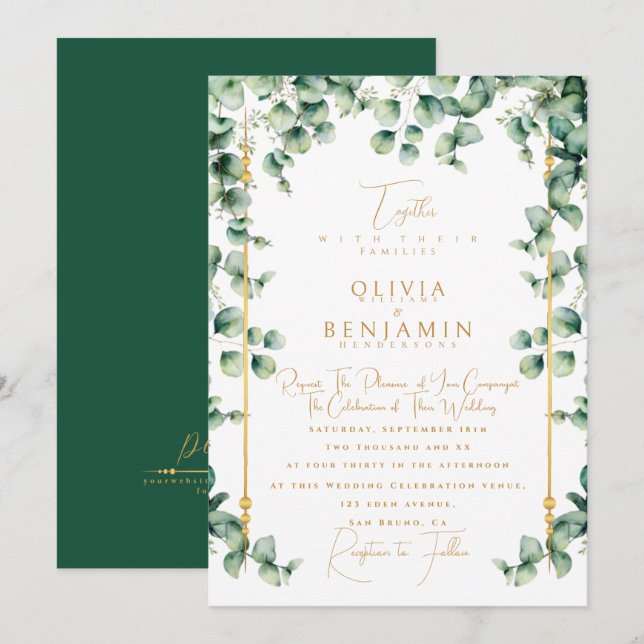 Elegant Gold Frame & Eucalyptus greenery Wedding Invitation (Front/Back)