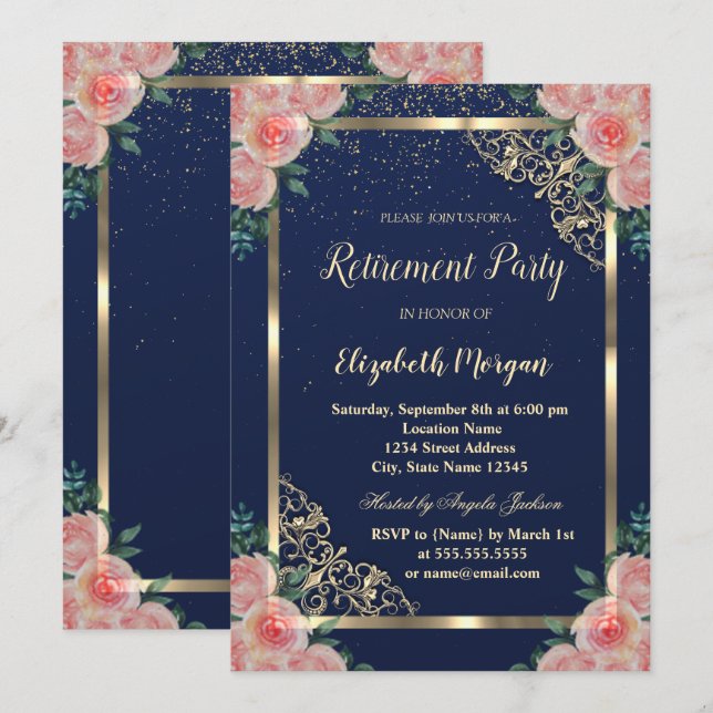 Elegant Gold Frame Floral  Navy Blue Retirement Invitation (Front/Back)