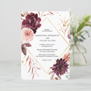 Elegant Gold Frame Floral Red & Pink Invitation