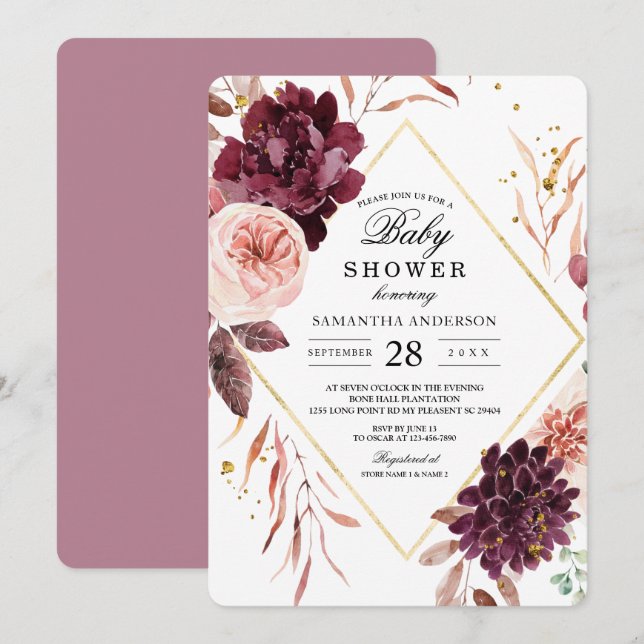 Elegant Gold Frame Floral Red & Pink Invitation (Front/Back)