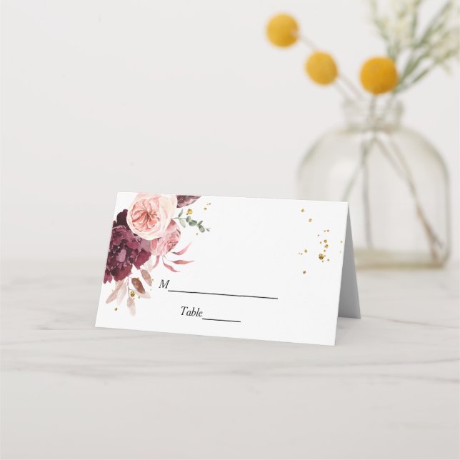 Elegant Gold Frame Floral Red & Pink Place Card (Front)