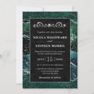 Elegant Gold Frame Green and Silver Agate Wedding Invitation