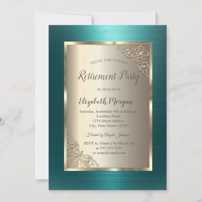 Elegant Gold Frame Green Metallic Retirement  Invitation (Front)