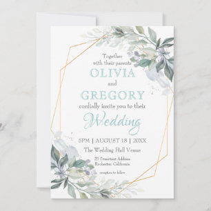 Elegant Gold Frame Greenery Dusty Blue Wedding Invitation