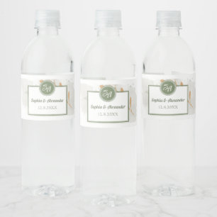 Elegant Gold Frame & Greenery Floral Wedding  Water Bottle Label