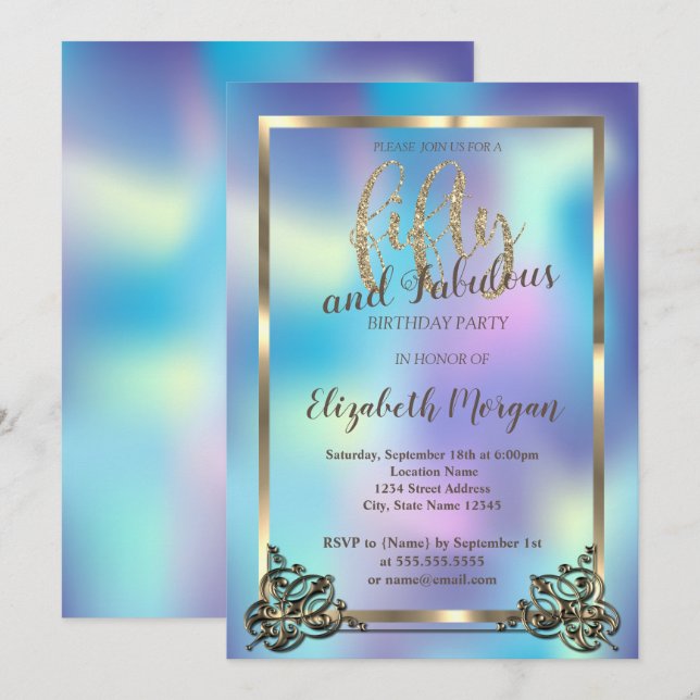 Elegant Gold Frame,Holographic 50th Birthday Party Invitation (Front/Back)