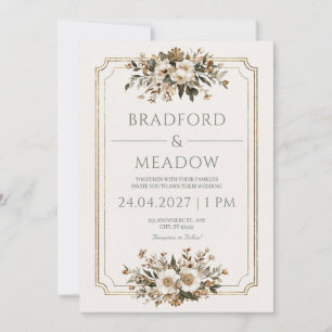 Elegant Gold Frame Ivory Floral Rustic Wedding Invitation
