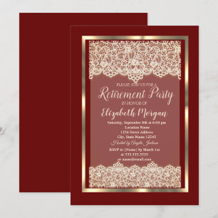 Elegant Gold Frame Lace Burgundy Retirement Party Invitation