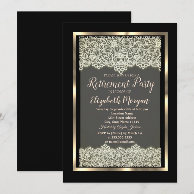 Elegant Gold Frame Lace Retirement Invitation (Front/Back)