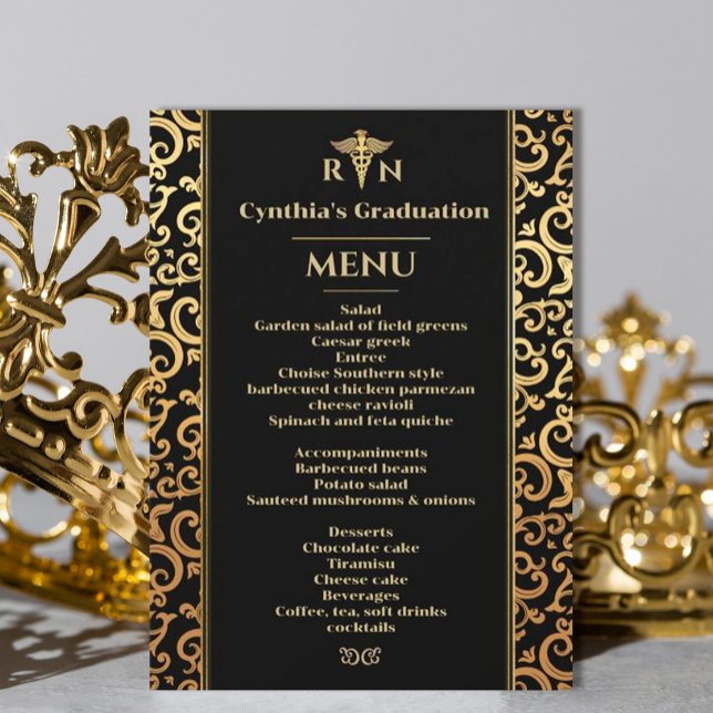 Elegant gold Frame Medical Graduation Dinner Menu  Invitation (#zazzlemade #medicalgraduation #partyinvitationgold #frame #Modernmedicalschool #doctor #graduation)