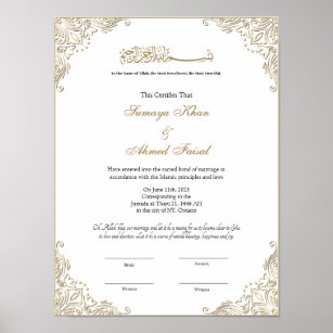 Elegant gold frame Muslim nikkah certificate Poster