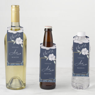 Elegant Gold Frame Navy Blue Rose Wedding Bottle Tag