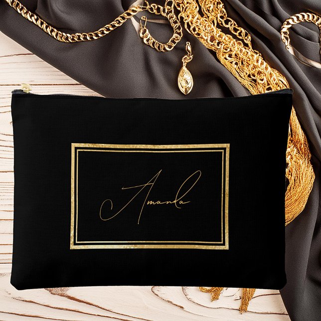 Elegant gold frame on black personalized accessory pouch (Creator Uploaded)