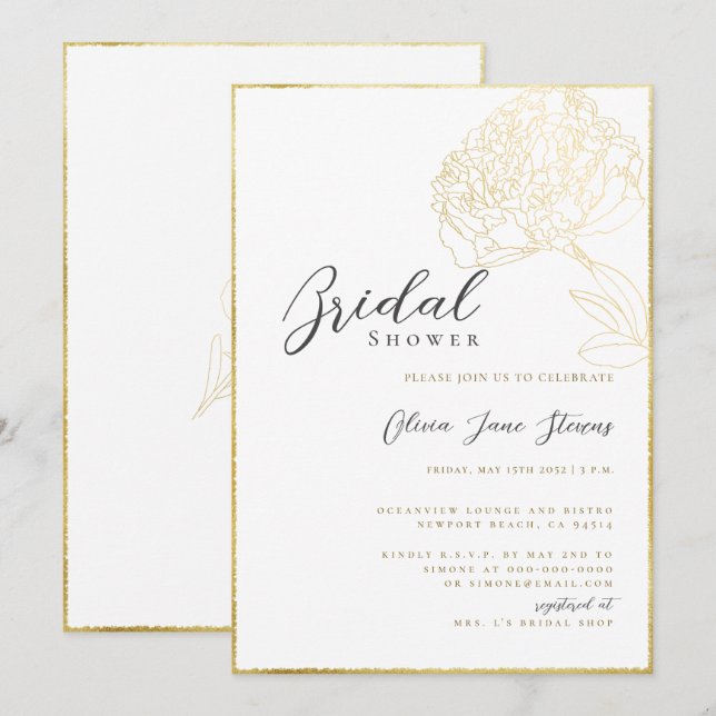 Elegant Gold Frame Peony Sketch Boho Bridal Shower Invitation (Front/Back)