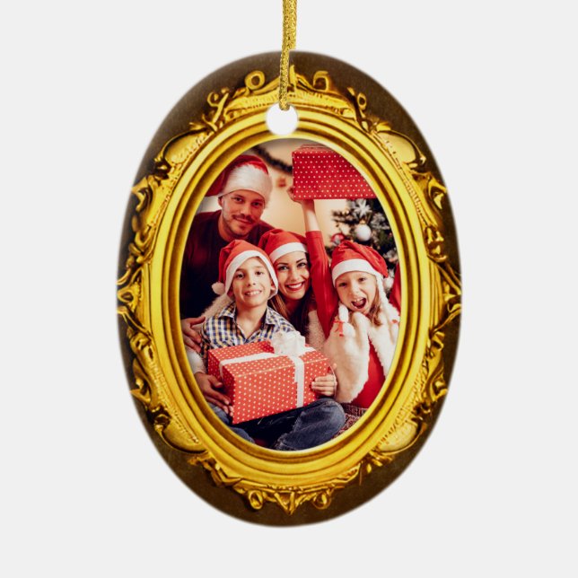  Elegant Gold Frame Personalized Family Photo Oval Ceramic Ornament (Front)
