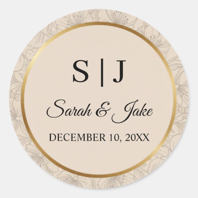 Elegant Gold Frame Personalized Wedding Monogram Classic Round Sticker (Front)