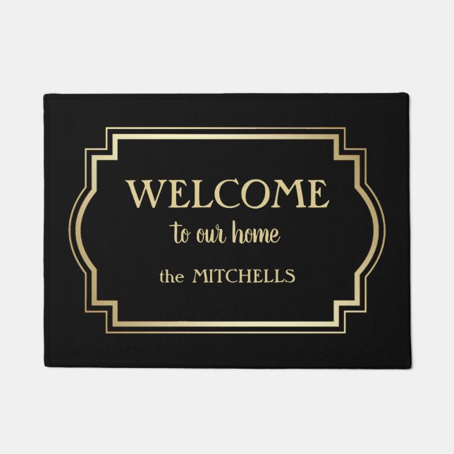 Elegant Gold Frame Personalized Welcome Doormat (Front)