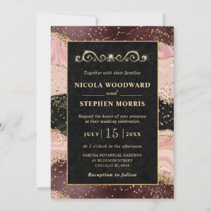 Elegant Gold Frame Pink and Black Agate Wedding Invitation