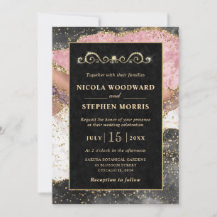 Elegant Gold Frame Pink and Black Agate Wedding Invitation