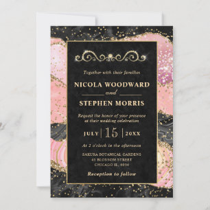Elegant Gold Frame Pink and Black Agate Wedding Invitation