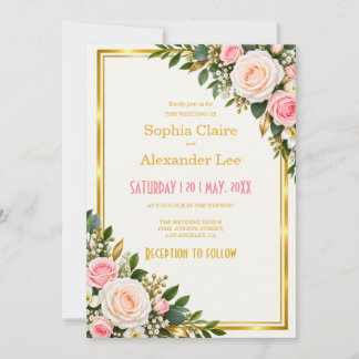 Elegant Gold Frame Pink Blush Floral Wedding Invitation
