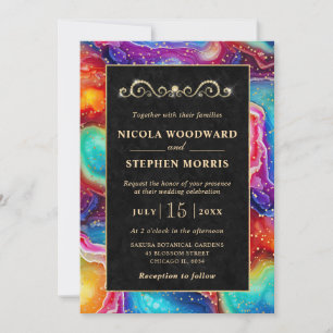Elegant Gold Frame Rainbow Agate Wedding Invitation