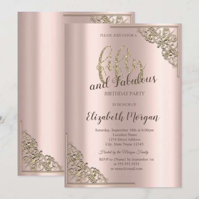 Elegant Gold Frame Rose Gold 50th Birthday Party   Invitation (Front/Back)