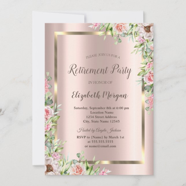 Elegant  Gold Frame,Rose Gold Roses Retirement  Invitation (Front)