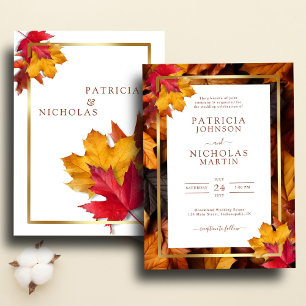 Elegant Gold Frame & Rustic Autumn Charm Wedding   Invitation