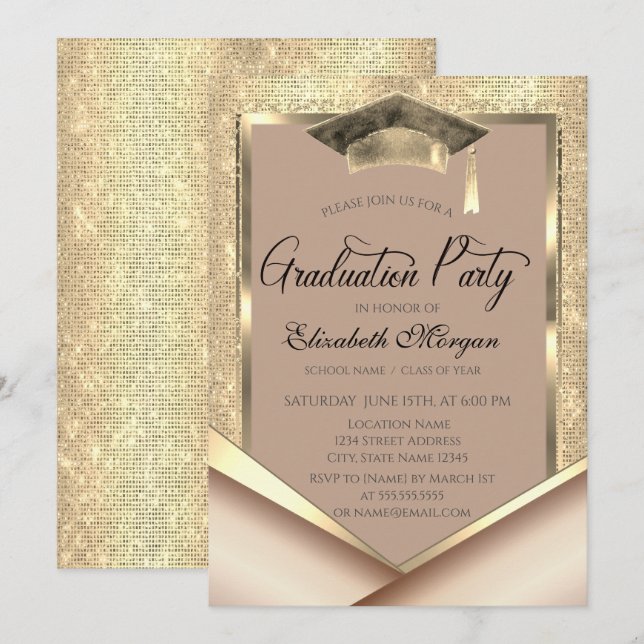 Elegant Gold Frame Sequins Graduation Invitation (Front/Back)