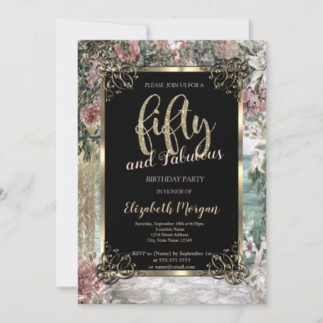 Elegant Gold Frame,Tropical Flowers 50th Birthday  Invitation (Front)